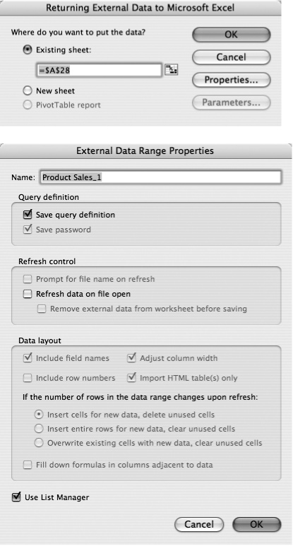 The last step in bringing in FileMaker Pro data is choosing where the data goes (top). With the click of a radio button, it can be delivered into the worksheet currently open or into a new worksheet. Clicking Properties brings up the External Data Range Properties dialog box (bottom), whose options include “Refresh data on file open” (sets whether Excel receives fresh data every time the file opens) and “Use List Manager” (puts data into a list object). The list object offers easy sorting and filtering. But to use the data layout controls in this dialog box, you have to first turn off “Use List Manager” and forgo the extra features it provides. (See for List Manager info.)