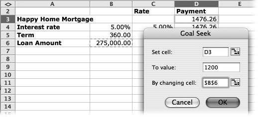 By letting Excel determine how much the financed amount will be, you can keep your loan payment to $1,200. Using the same data from the data tables example, Excel informs us that for $1,200 per month we can afford a $223,537.94 loan at 5% for 360 months.