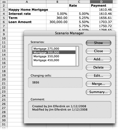 In the Scenario Manager dialog box, you can switch between saved scenarios, add new ones, edit existing ones, merge scenarios from other worksheets into the Scenarios list, and even summarize your scenarios to a standard summary or PivotTable. The Scenarios list displays all of the scenarios that you’ve created and saved, and by selecting a scenario and clicking Show, Excel plugs the scenario values into the worksheet and shows the results.