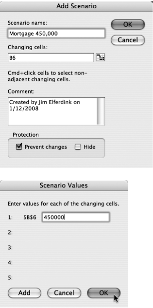 Top: Clicking Add in the Scenario Manager calls up the Add Scenario dialog box, shown here. (It changes to say Edit Scenario when you fill in the “Changing cells” field.) In this box, you name your scenario and tell Excel which cells to change when showing it.Bottom: Once you click OK, you see the Scenario Values dialog box, where you enter the new values for the cells that you specified in the previous window.