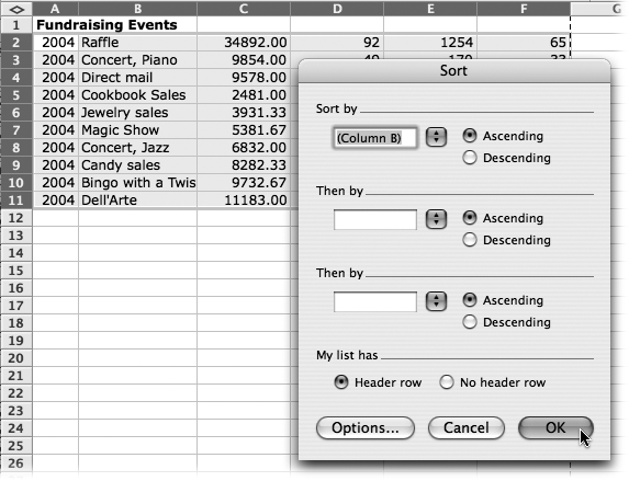 A table sorted alphabetically by event. Highlight the table (including the header row of across the top), and then choose Data → Sort. In the Sort dialog box, specify (using the Sort by pop-up menu) that you want to sort the rows according to the text in column B. turn on the radio button for “Header row” to exclude that row from the sorting. When you click OK, Excel sorts the rows into the proper order.