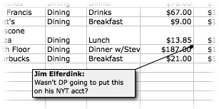 To add a note to a cell, click the cell and then choose Insert → Comment. A nice yellow “sticky note” opens with your user name on the top (as it appears in the Excel → Preferences → General tab). Type your comment in the window. When you click elsewhere, the note disappears, leaving only a small triangle in the upper-right corner of the cell. To make the comment reappear, let the cursor hover over the triangle. (If you prefer to see comments all the time, change that setting in Excel → Preferences → View.)