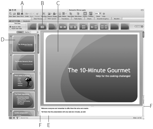 Topped by the toolbar (A), and the Elements Gallery (B), the PowerPoint window displays three panes. The slide you’re editing occupies center stage on the slide pane (C). Here you can edit the slide’s text; add pictures, charts, and other objects; change backgrounds; and so on. The Outline pane (D) displays thumbnail images of each slide in the presentation (when in Slides view) or an outline of your slides’ text when in (Outline view). You can enter random notes to yourself or your presentation script in the Notes pane (E). If you use an external monitor or projector to present your show, PowerPoint can display these notes on your screen and hide them from the audience. Adjust the size of the panes by dragging the divider bars (F).