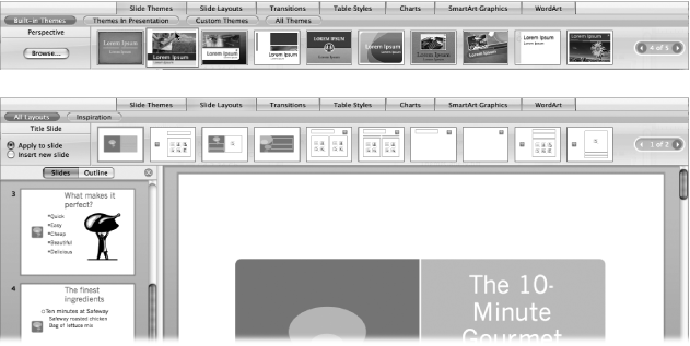 Top: Click the Elements Gallery’s Slide Themes tab to view PowerPoint’s collection of pre-designed templates. As you click from one thumbnail to another, PowerPoint displays the new design in its slide pane—and converts any slide you’ve already created to the new theme.Bottom: Every slide theme contains a set of layouts, available via the Elements Gallery’s Slide Layouts tab. Layouts fix the arrangement of text boxes and graphic objects on the slide, allowing consistent positioning from slide to slide.