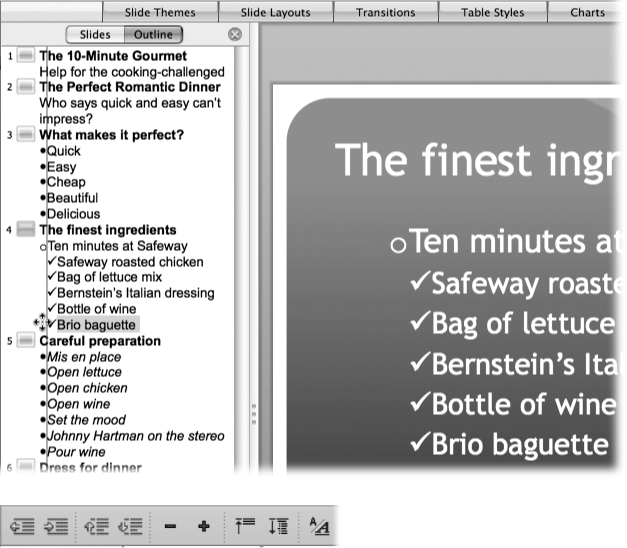 Top: You can drag topics or bullet points into a different order as you build your outline. The cursor changes to crossed arrows when you mouse over a draggable slide or bullet icon. A horizontal line indicates where PowerPoint thinks you want to place the item when you drag up and down to reorder; a vertical line indicates the indent level where PowerPoint intends to place the item. As you work on your outline in the left-hand Outline pane, you get to see your work in the Slide pane.Bottom: Choose View → Toolbars → Outlining to call forth the Outlining toolbar. Its button collection lets you promote, demote, or move items up and down the outline; collapse or expand subordinate items for one slide, or the whole outline; or hide or show the font formatting in the outline view.