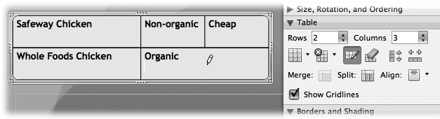 The Formatting Palette’s Table pane features commands that let you insert and remove columns and rows as well as split and join cells. You can also draw new cell borders to split cells, or you race cell borders to join cells by using the Draw Table and Table Eraser tools.