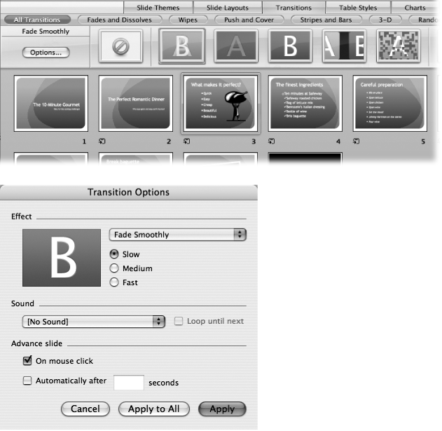 Top: The Elements Gallery’s Transitions tab is home to PowerPoint’s salmagundi of transitions. When you click one to apply it to a slide, PowerPoint reminds you of what you’ve done by displaying a small icon at the lower-left corner of the slide in Slide Sorter view.Bottom: Click the Options button at the left end of the Transitions Gallery for more complete control via the Transition Options dialog box. Here you can specify a sound effect, adjust the transition speed, and time the slide to advance automatically.