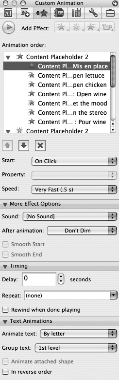 The Custom Animation palette in the toolbox is animation headquarters, your personal DreamWorks studio. Its panes and pop-up menus give you access to umpteen animation effects and options. To change the order of animations, select one and use the arrow buttons to move it up or down the list—or the X button to delete it. As you work, click the large Play button to preview the animation.