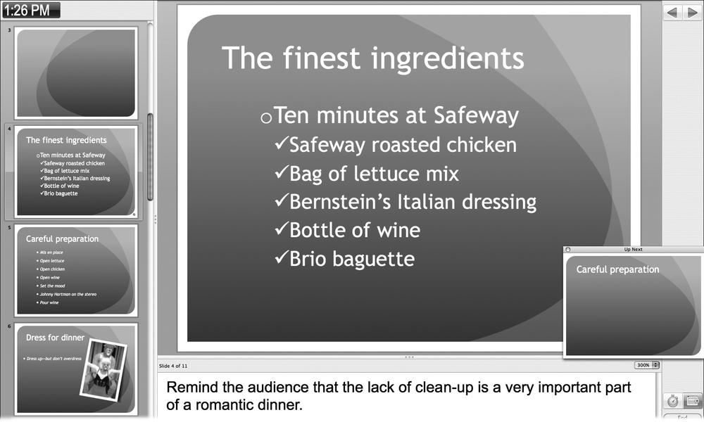 Presenter Tools divides the screen into three panes, much like Normal view. The largest, at the top, shows you exactly what the audience sees, in real time. The pane on the left shows thumbnails of the entire presentation; to go to any slide, click it. The notes pane at the bottom shows your slide notes; the pop-up menu directly above it lets you increase the font size for readability. The Up Next window shows the next animation on the current slide or the next slide in the presentation. In the lower-right corner, you’ll find buttons to switch the clock from a clock to a timer, to hide or show the Up Next window, to end the slideshow, or to open the Presenter Tools Help screen with a list of keyboard shortcuts.