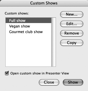 Using the Custom Shows dialog box, you can choose a subset of slides from the current slideshow and reorder those slides any way you want to create a customized presentation. If you turn on the checkbox at the bottom, the show opens in Presenter Tools.