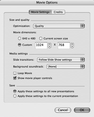 This dialog box lets you specify the size of the QuickTime movie; 640 x 480 creates a tiny window on today’s larger screens—1,024 x 768 is a good minimum size. Using the “Background soundtrack” pop-up menu, you can choose an MP3 file or another file to play during the whole slideshow—a handy option in self-running, kiosk situations. Notice the radio buttons in the Save area that let you select whether PowerPoint should use your new settings for just this presentation or use them for future presentations you save as QuickTime movies, as well.