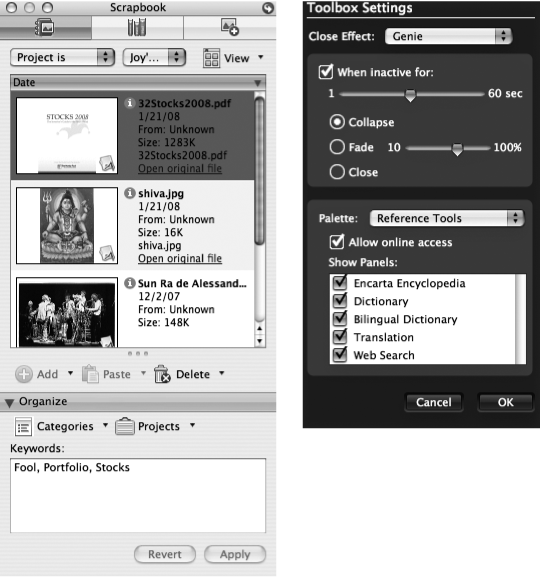 Left: You can open the Scrapbook from any Office 2008 program by selecting Tools → Toolbox → Scrapbook or clicking the Toolbox icon on the Standard toolbar (but not on the Entourage toolbar unless you add the button), and then clicking the Scrapbook icon at the top of the Toolbox. Drag or paste text, pictures, or Excel spreadsheets into the Scrapbook—and there they’ll stay until you need them. Copy a clipping from the Scrapbook by dragging it onto your document (or by using any of the usual keyboard shortcuts).Right: Click the arrow button in the upper right-hand corner to reach the Toolbox Settings, which swivel into view (right). Turn on the “When inactive for” checkbox to cause the toolbox to stash itself away after a certain period of inactivity. The bottom panel determines what you see when you use the various toolbox palettes.