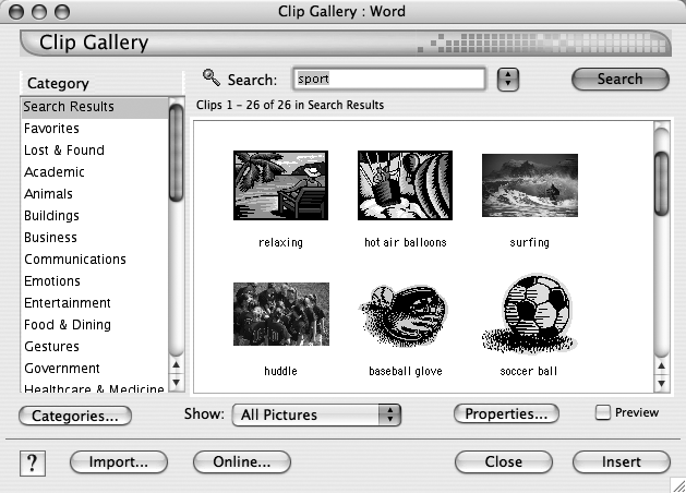 Click a category in the list at the left to see thumbnails of the available clips. After you’ve done a keyword search, as shown here, your results appear in the Search Results category. Click a thumbnail and then click Insert (or just double-click the thumbnail) to place the full-size version in your document at the insertion point. (Turn on the Preview box to see the full-size image in a separate window.) When you’ve finished adding pictures, click Close to make the dialog box vanish.