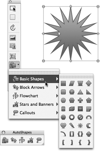 Top Left: The tools on the Drawing toolbar give you (top to bottom): Select Objects, Grid Options, Free Rotate, Insert Picture, Clip Art, Text Box, AutoShapes, Lines, and 3-D.Bottom Left: You can keep a mini-palette (bottom) of Auto Shapes and Lines open by dragging the palette off the Drawing toolbar.Right: Called the “adjustment handle,” the yellow diamond on some AutoShapes lets you adjust some aspect of the shape—such as the spikiness of a star.