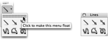 When a toolbar menu has a strip of dotted lines at the top, you can drag it off the toolbar (left) to create a floating palette (right). The Lines palette contains tools for straight lines, arrows, double arrows, curved lines, free-form shapes, and scribbled lines.