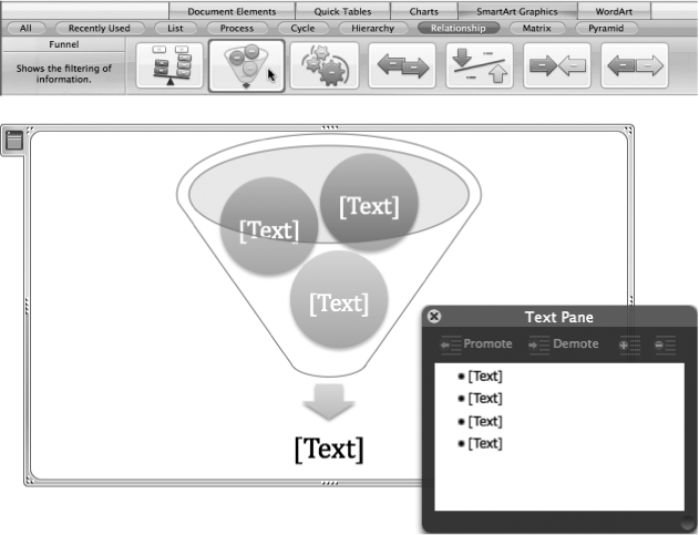 Top: As you hold your cursor over a SmartArt thumbnail in the Elements Gallery, a short description of the diagram appears at the left. Click a thumbnail to insert it in your document.Bottom: You can enter text either directly in the diagram or in the Text Pane. The button on the upper-left corner of the selection frame hides or reveals the Text Pane.