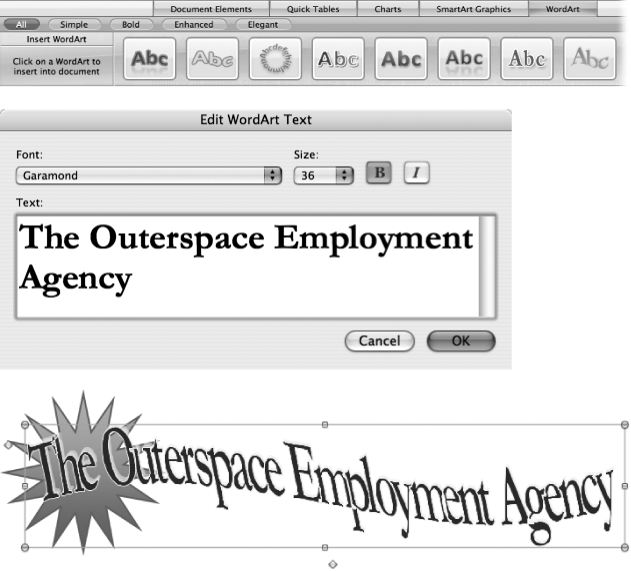 Top: In the WordArt Gallery, click a text design that strikes your fancy, and it appears in your document with “Your Text Here” as stand-in text. Click another style in the gallery to replace your first choice.Middle: Double-click the text box to open the Edit WordArt Text dialog box. Choose a typeface, then type your text banner message; click OK when you’re finished.Bottom: Your new WordArt appears in your document. You can fine-tune its appearance by dragging the yellow adjustment handles, or by stretching or compressing the text box.