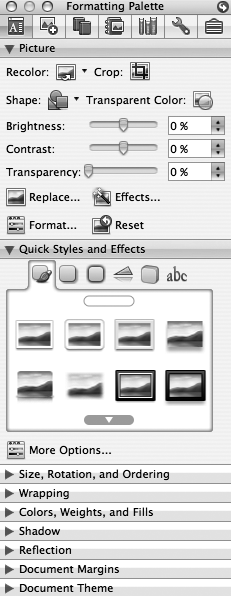 The Format Picture dialog box lets you massage the appearance of your inserted pictures in great detail, but using it takes time. Enter the Picture, and Quick Styles and Effects panes of the Formatting Palette. By clicking one of the six buttons across the top, you can enhance your picture with Quick Styles, Shadows, Glows, Reflections, and 3-D Effects. (Perhaps in a future Word version the Text Transforms button will actually do something.) The Picture pane gives an array of controls found in the Formatted Picture dialog box plus the vital Crop button, which lets you crop your pictures visually instead of numerically.