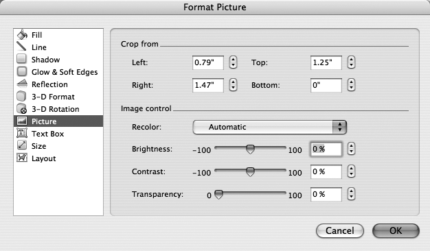 The look of Format dialog boxes to come—available now in a Picture dialog box near you—which feature tabs in a sidebar. The Format dialog boxes for other types of objects still use Word’s traditional style with the tabs on top, like the Format Text Box dialog box shown back on .