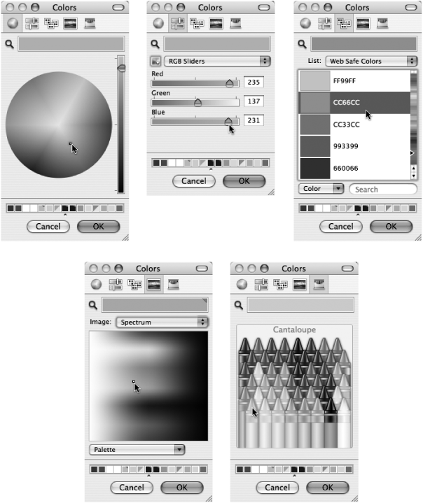 The many faces of the Color Picker, selected from the row of buttons at its top, give you five different ways to choose colors. Click any of the color displays, or use the sliders to pick a color. You can also copy a color from anywhere on your screen in order to do things like match a text box color to that captivating blue of your baby’s eyes. Click the magnifying glass and Word turns the arrow cursor into a magnifying glass. Drag it over any color on your screen and click to load that color into the swatch display at the top of the color picker. Save a favorite color by dragging it to one of the row of boxes at the bottom of the color picker—and when you fill up one row, drag the tiny button beneath the row downward to expose more empty squares.