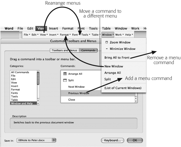 Once you’ve chosen Tools → Customize → Customize Toolbars/Menus, you see the duplicate, editable menu bar. By dragging menus and commands as shown here, you show Office how you want to modify your real menu bar.