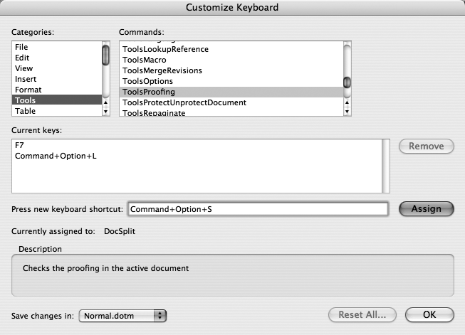 Here, the “Spelling and Grammar” option is being given another keyboard shortcut—Option-⌘-S. Word warns that Option-⌘-S is already in use by another command (“DocSplit,” which splits the document window into two panes); if you don’t care, just click Assign.