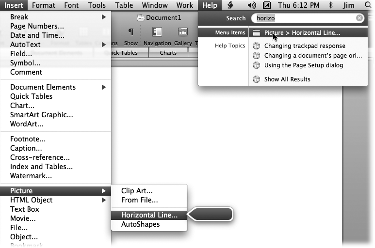 Use Leopard’s delicious new menu search feature when you’re just sure there’s a command somewhere, but you don’t know which menu or submenu it’s buried in. Type the menu command (or part of it) in the Search field and then move your cursor over the Menu Item that pops up in the search results list (upper right). As soon as you do, it opens the menu with the command highlighted and a big blue animated arrow pointing at it (lower left). If that’s the command you need, click the item in the search results—it’s the same as clicking the actual menu command.