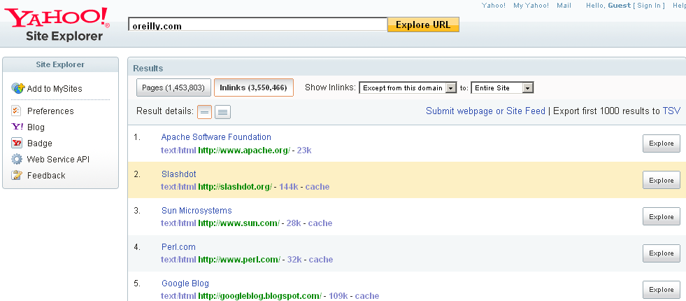 Yahoo! Site Explorer