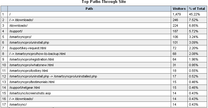 WebLog Expert: Top Paths Through Site screen