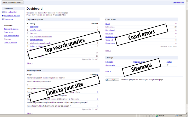 Google Webmaster Tools: Dashboard page