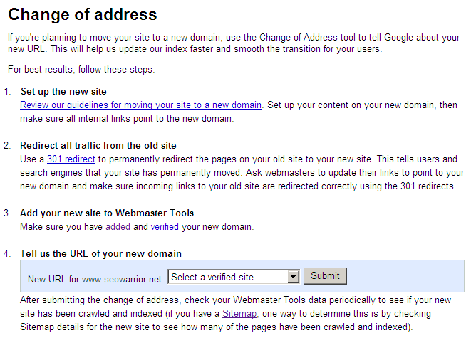 Google Webmaster Tools: Specifying a change of address