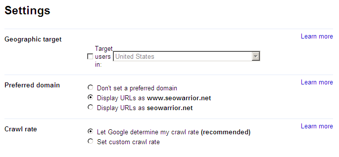 Google Webmaster Tools: Settings options