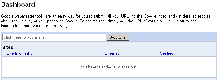 Google Webmaster Tools: Dashboard page