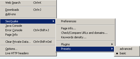 SeoQuake Firefox menu options