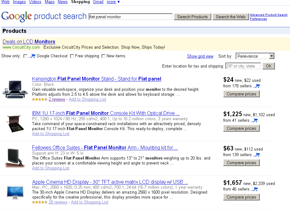 Google Product Search results page