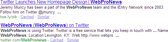 Sample Twitter results on Google