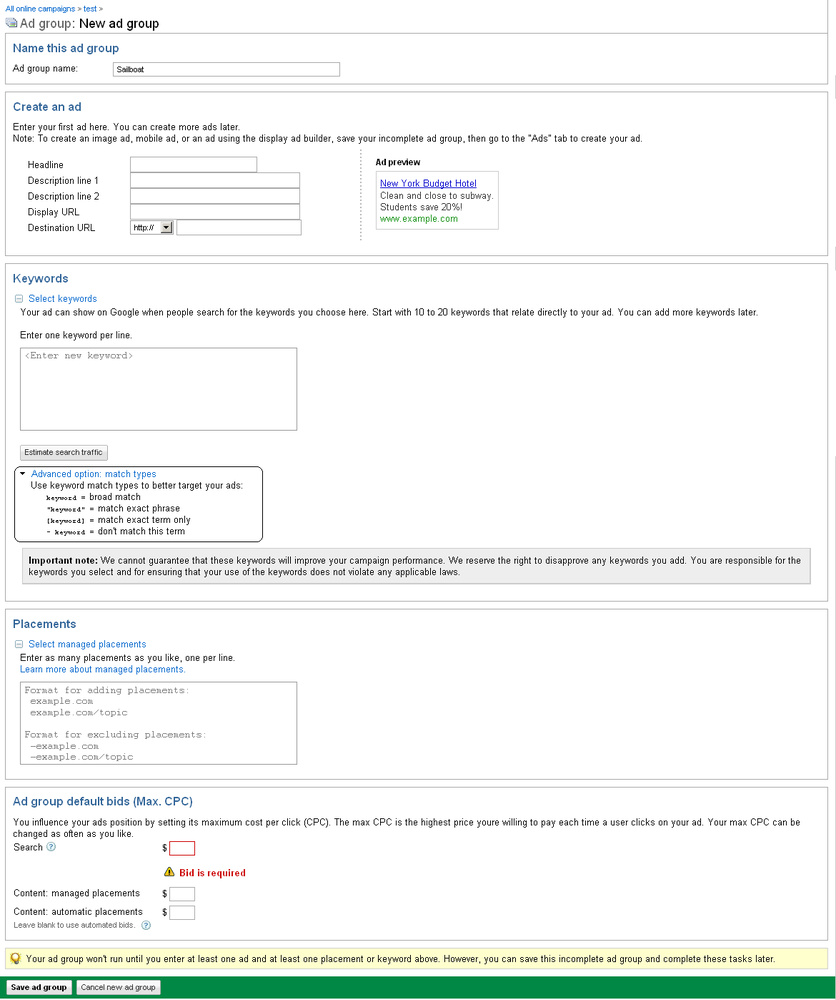 Ad group entry form