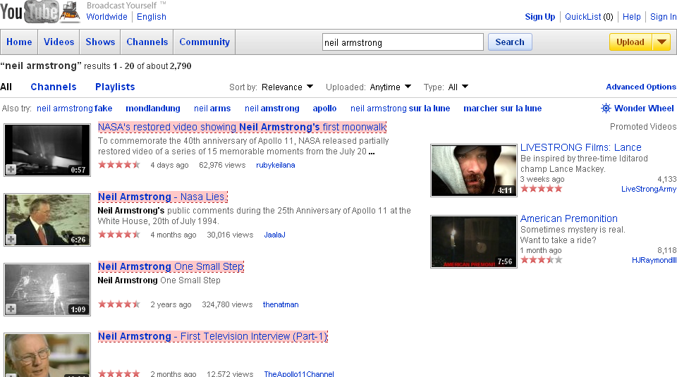 Video search results from YouTube