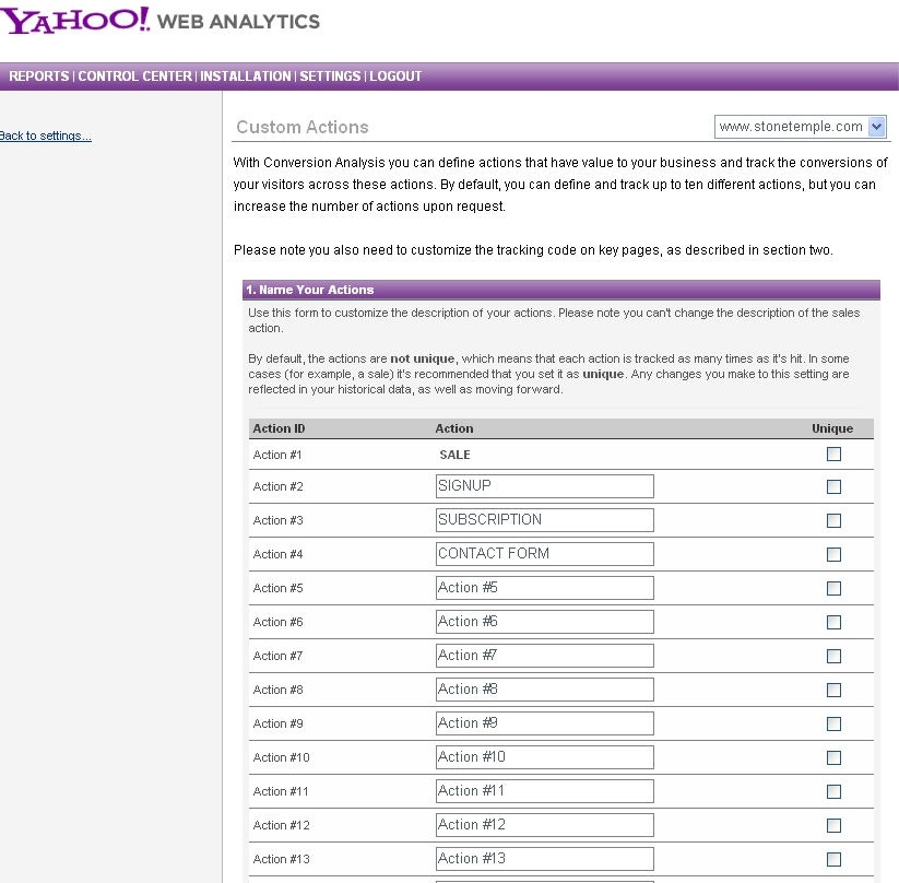 Yahoo! Web Analytics action setup
