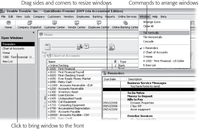 When you display multiple windows, the Windows menu has commands such as Cascade and Tile Vertically for arranging windows.