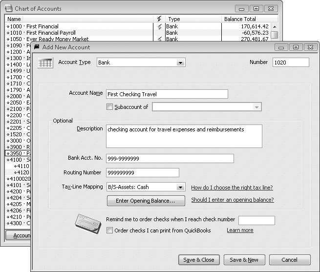 The Bank account type includes every account field except for the Note field. It also includes one field that you won’t find on any other account type: If you want QuickBooks to remind you to order checks, in the “Remind me to order checks when I reach check number” box, type the check number you want to use as a trigger. If you want the program to open the browser to the Order Supplies web page, turn on the “Order checks I can print from QuickBooks” checkbox and save the account. If you get checks from somewhere else, just reorder checks the way you normally do.