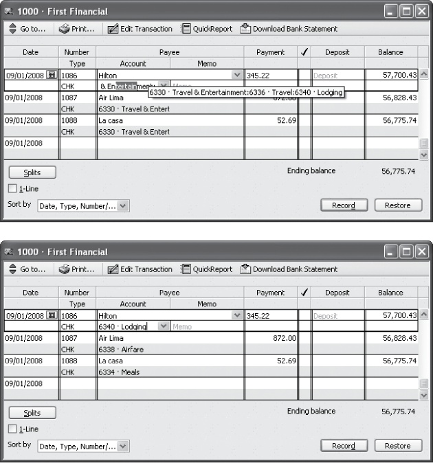 Top: QuickBooks combines the name of the parent account and the name of the subaccount as one long name in Account fields and drop-down lists. In many instances, only the top-level account is visible unless you scroll within the Account field.Bottom: When you turn on the “Show lowest subaccount only” checkbox, the Account field shows the subaccount number and name, which is exactly what you need to identify the assigned account.