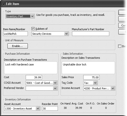 When you create a new Inventory Part item, QuickBooks includes fields for purchasing and selling the item. The fields in the Purchase Information section show up on purchase orders. The Sales Information section sets the values you see on sales forms, such as invoices and sales receipts. The program simplifies building your initial inventory by letting you type the quantity you have on hand and their value.