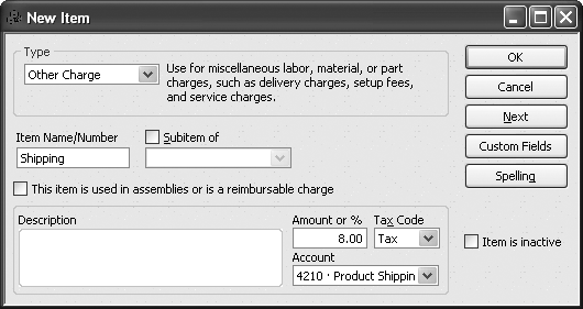 To create a percentage-based charge, type a number followed by % in the “Amount or %” field. To set a dollar value, type a number as shown here.
