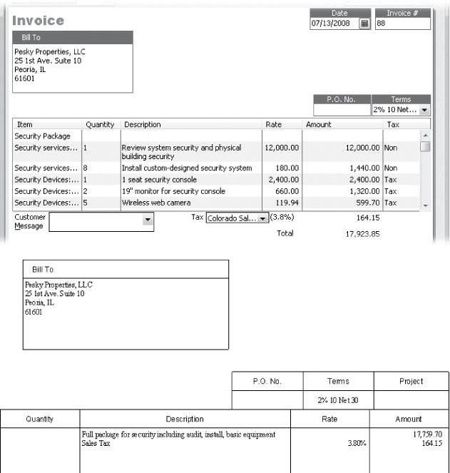 Top: When you add a Group item to an invoice (Security Package in this example), QuickBooks replaces that one item with all of the individual items, along with their prices, descriptions, and whatever else you’ve defined. To show these items on the invoice you send to your customer, turn on the “Print items in group” checkbox when you create the Group item.Bottom: For fixed-price invoices, which you use when you charge the customer a fixed amount—regardless of how much or little it costs you to deliver—you don’t want to show the underlying prices for each item you deliver. If you turn off the “Print items in group” checkbox when you create the Group item, you still see the individual items in the Create Invoices window, but the invoice you print to send to the customer shows only the Group item itself, along with the total price for all of the items in the Group.