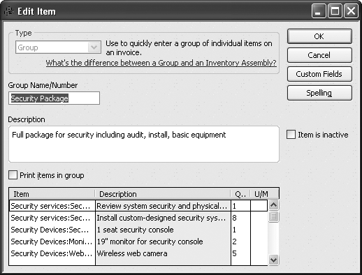When you add a Group item to an invoice and display all the underlying items, QuickBooks fills in the Description cells for each individual item with the contents of its Description field. In the New Item or Edit Item dialog boxes when you work on a group item, the background of the Description column is a different color to indicate that you can’t edit these cells.