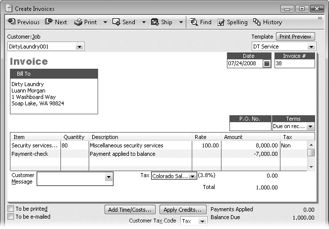 A Payment item (here, a check) reduces the balance on an invoice by the amount the customer paid. That Payment item also executes the equivalent of a Receive Payments command: it deposits the funds into a bank account, or groups the payment with other undeposited funds.