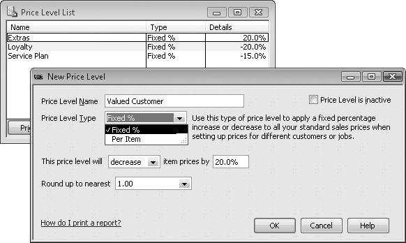 Think of fixed percentage price levels as standard discounts or markups. For example, you can create a price level called Extras to boost prices by 20 percent. Then, assign that price level in the customer record () for every nitpicker you work for. (Although price level names don’t appear on your customer invoices, it’s still a good idea to choose names that are meaningful without being rude.)