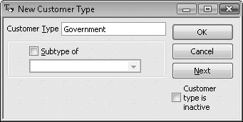 In the New Customer Type dialog box, the only thing you have to provide is a name in the Customer Type field. If the customer type represents a portion of a larger customer category, turn on the “Subtype of” checkbox and choose the parent customer type. For example, if you have a parent customer type of Utilities, you might create subtypes for Water Utility, Electric Utility, Gas Utility, and so on.