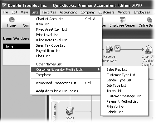 Many of the QuickBooks lists appear directly on the Lists menu, but some lists are one level lower on the Customer & Vendor Profile Lists submenu. To boost your productivity, take note of the keyboard shortcuts for lists you’re likely to access most often. Ctrl+A opens the Chart of Accounts window. To see customer, vendor, or employee lists, in the QuickBooks Home page, click Customers, Vendors, or Employees to open the corresponding center.